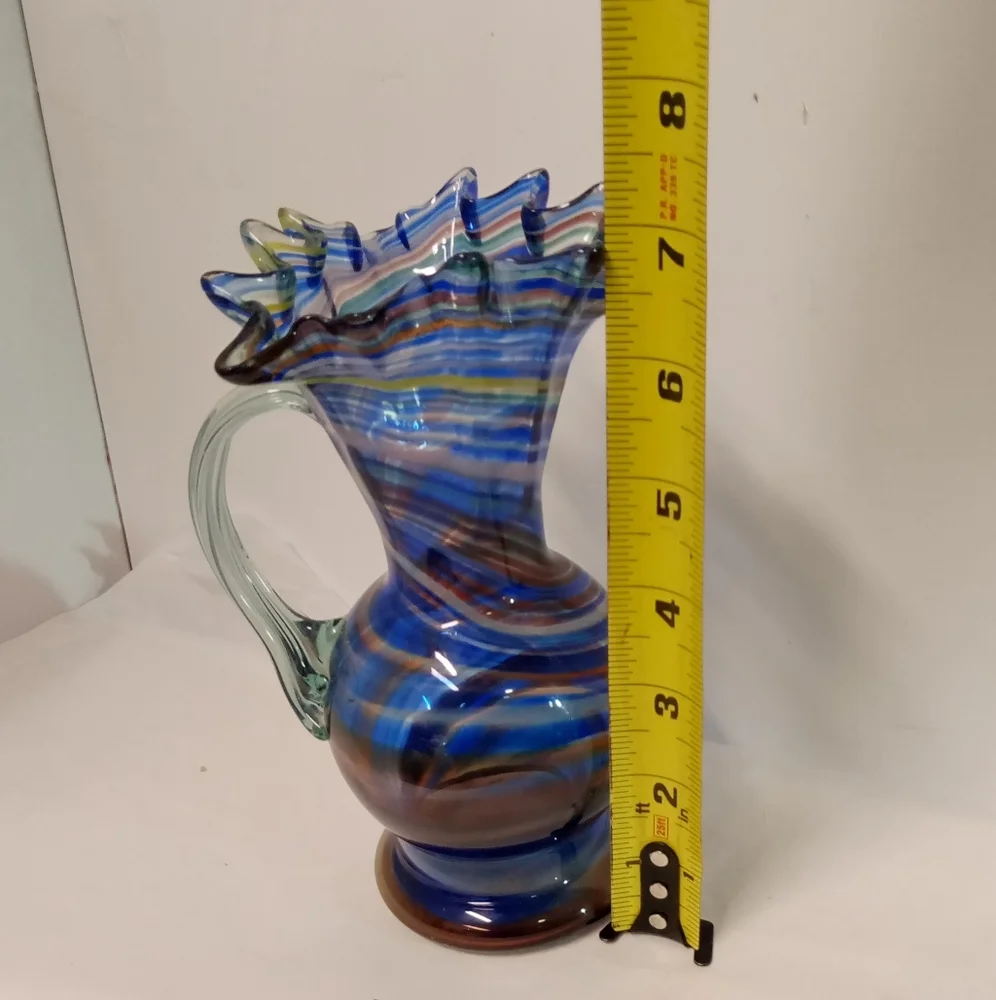 Vintage Glass Pitcher Vase Blue Swirl Budding Ruffled Rim, Murano Glass Style